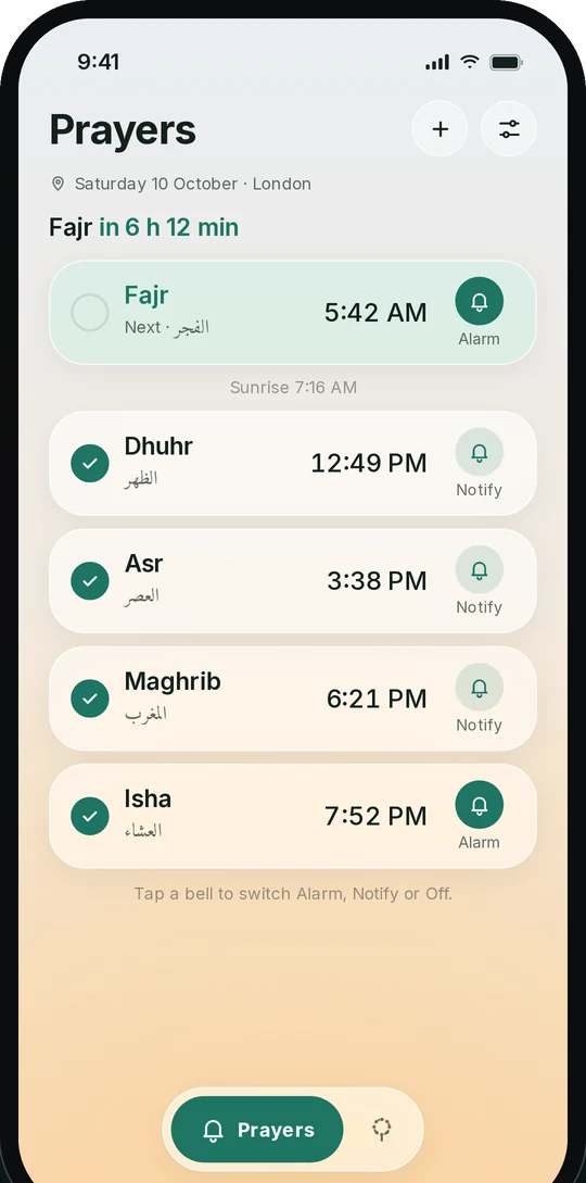 Prayers screen: Fajr in 6 hours 12 minutes, with a wake alarm set