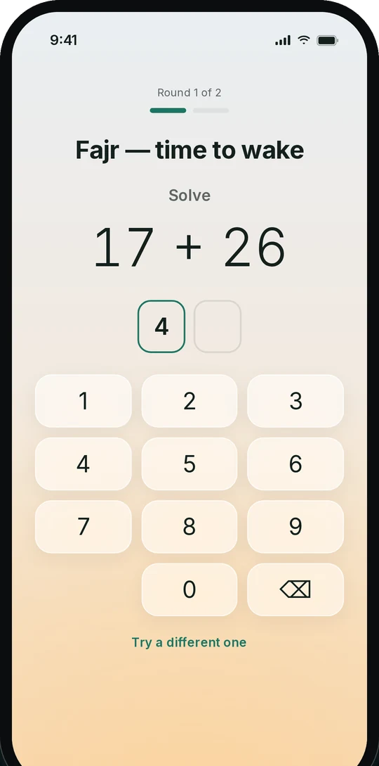 Wake challenge screen: Fajr, time to wake. Solve 17 + 26.