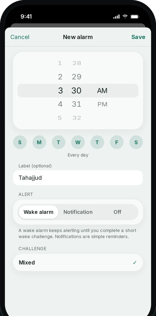 New alarm sheet with a time wheel set to 3:30 AM, labelled Tahajjud.