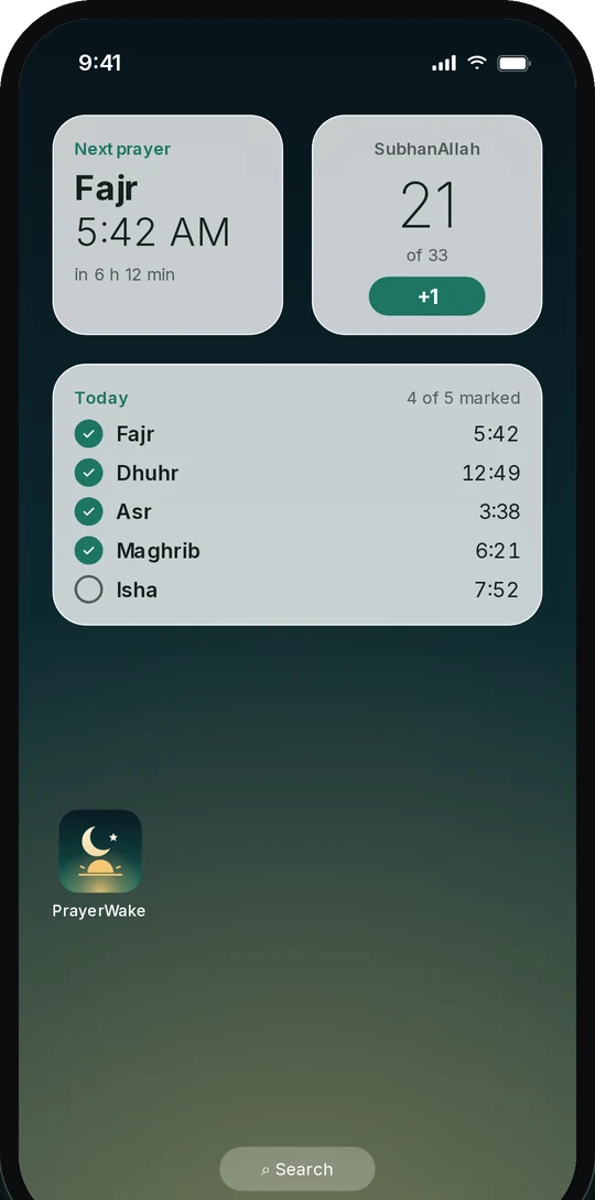 Home Screen widgets: next prayer Fajr at 5:42 AM, a tasbih counter and today’s prayers.