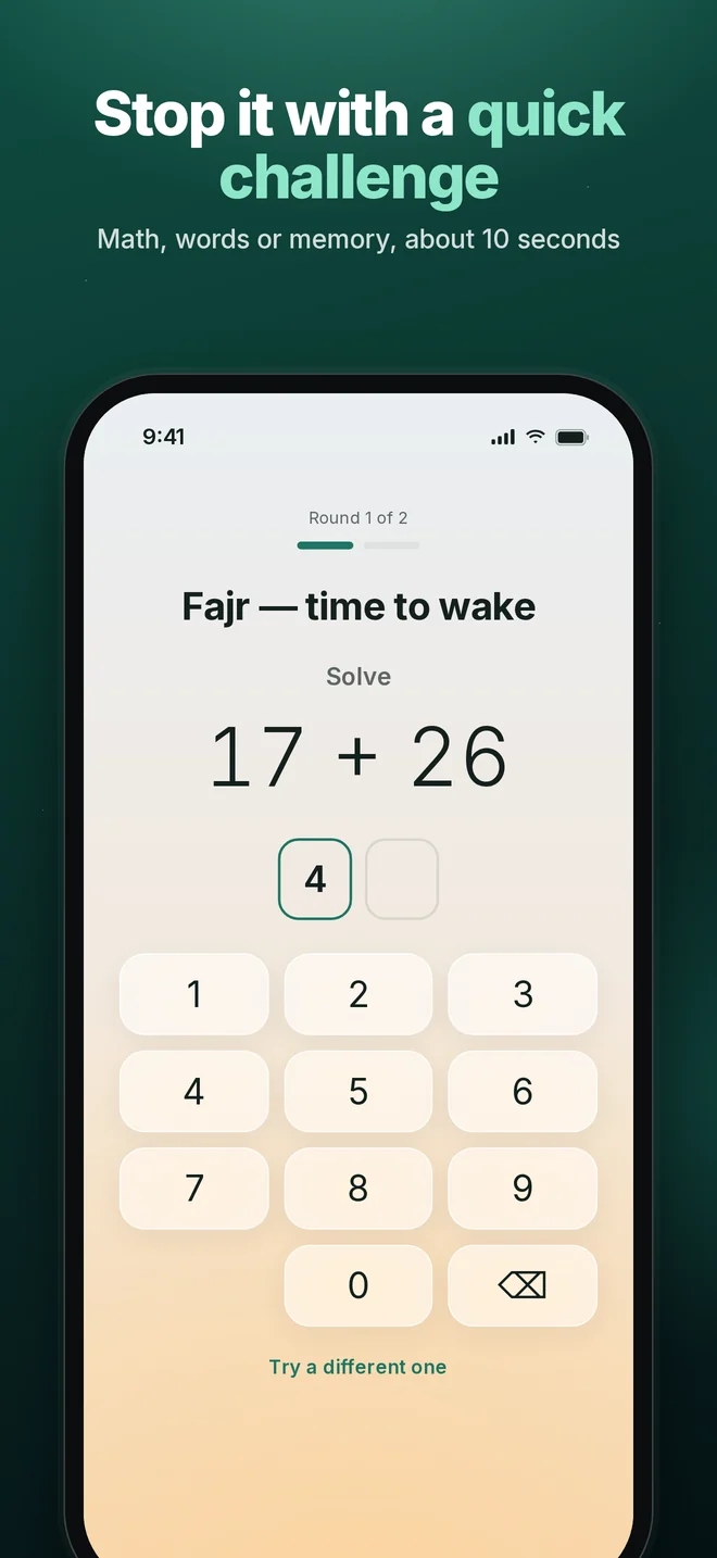 Stop the alarm with a quick challenge